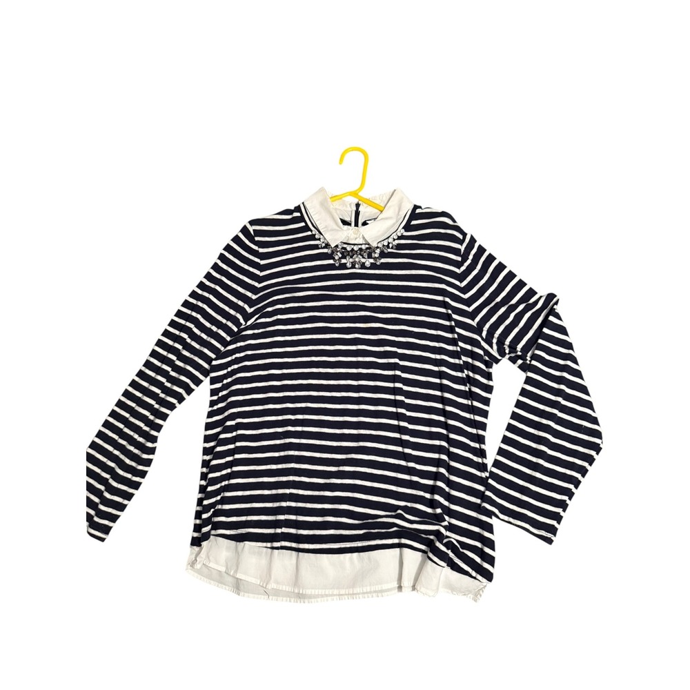 Crown & Ivy Woman 2X Striped Layered Top Rhinestone Collar Navy White LS Top